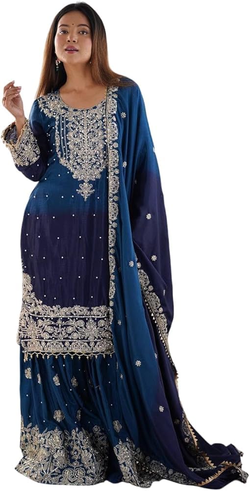 Women's Blue Embroidered Sharara Suit with Dupatta, Heavy Zari Work, Wear - Review, Price and Buying Guide