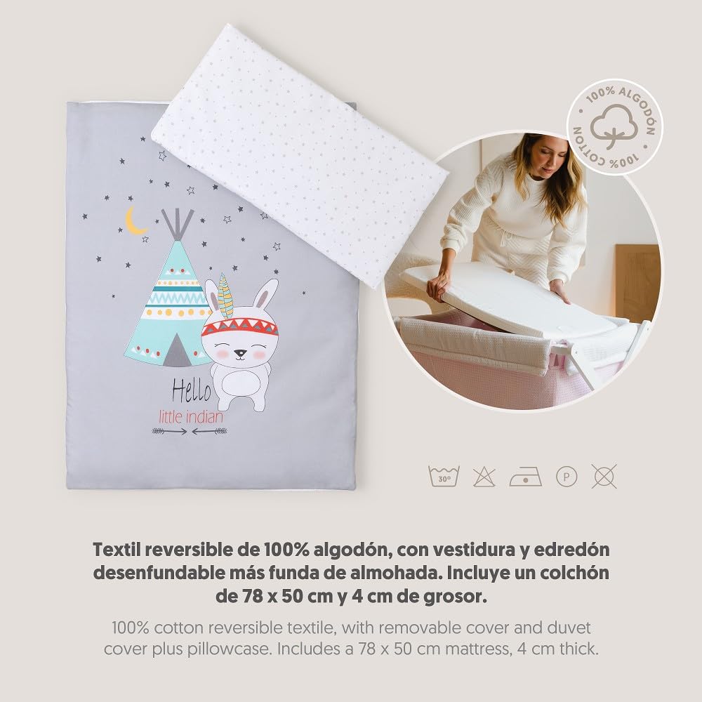 Interbaby 92082-31 - Minicuna de Madera con Textil Tipi Oso Gris, unisex