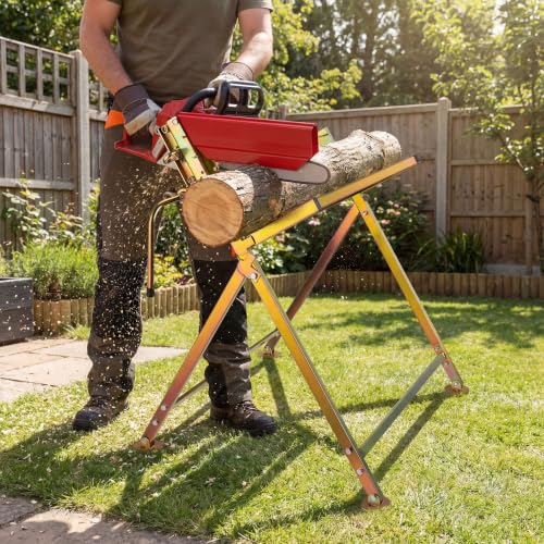 Foto von Wiltec Sägebock verzinkt klappbar, 88x71x96 cm, mit Kettensägenhalter und Zwangsführung, Holzsägebock für Brennholz, bis 120 kg