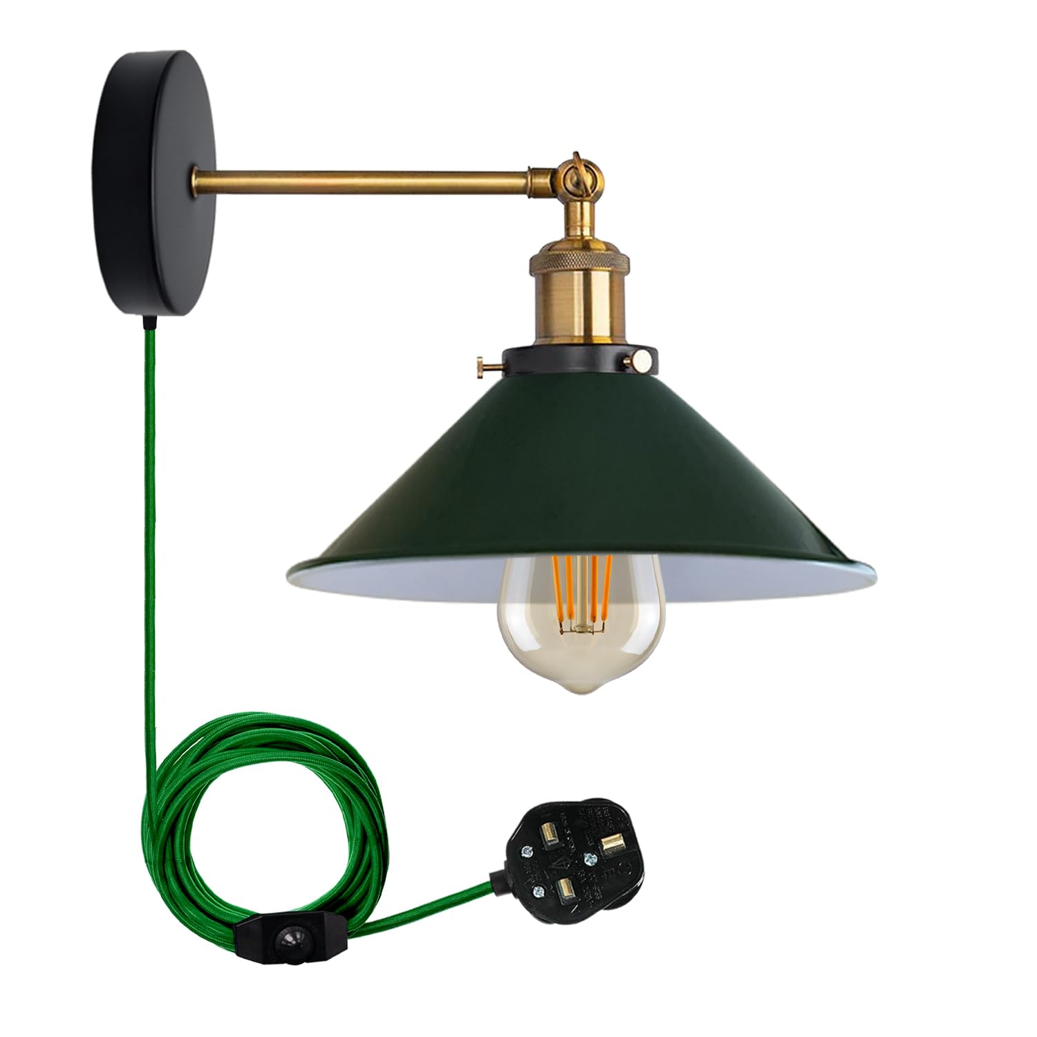 LEDSone Retro Industrial Wall Light Plug in Wall Lamp Metal Cone Shape Shade Indoor Light Fitting with Dimmer Switch for Bedroom, Hallway, Restaurants, Green, With Bulb โ image 1