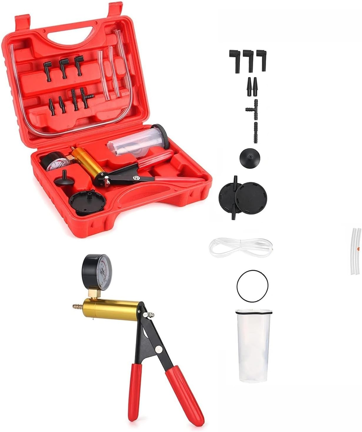 2 In1 Brake Bleeder Kit With Hand Held Vacuum Pump Tester With Gauge Adapters For Car Motorcycle One-Man Bleeding System(NO Red plastic box)