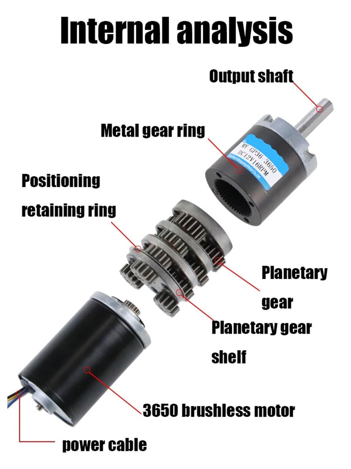 Motorreductor de CC planetario sin escobillas, 12 V, 24, 15 W, 36 mm, con freno, 6 líneas, 36GP-3650, baja velocidad, pequeño(6mmMotor and Bracket,12V 37RPM)