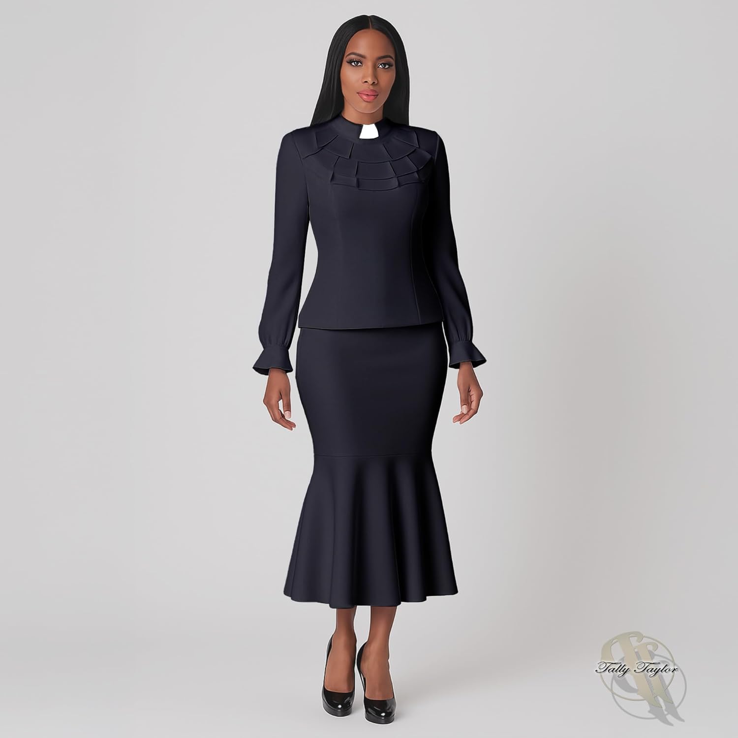 Tally Taylor Plus Size Women’s 2-Piece Church Set – Elegance in Black or White Ruffle Clerical Top & Skirt – 4601W