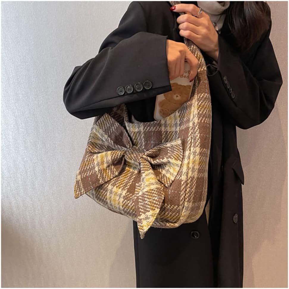 Fashion Shoulder Hobo Bags for Women Wool Tweed Tote Bags Plaid Pattern Bowknot Handbags and Purses Large Capacity - Image 2
