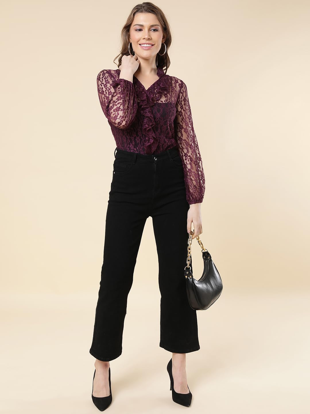 A.T.U.N. (ALL THINGS UBER NICE) Top da donna in poliestere, vestibilità regolare, elegante con volant in pizzo | Top per feste