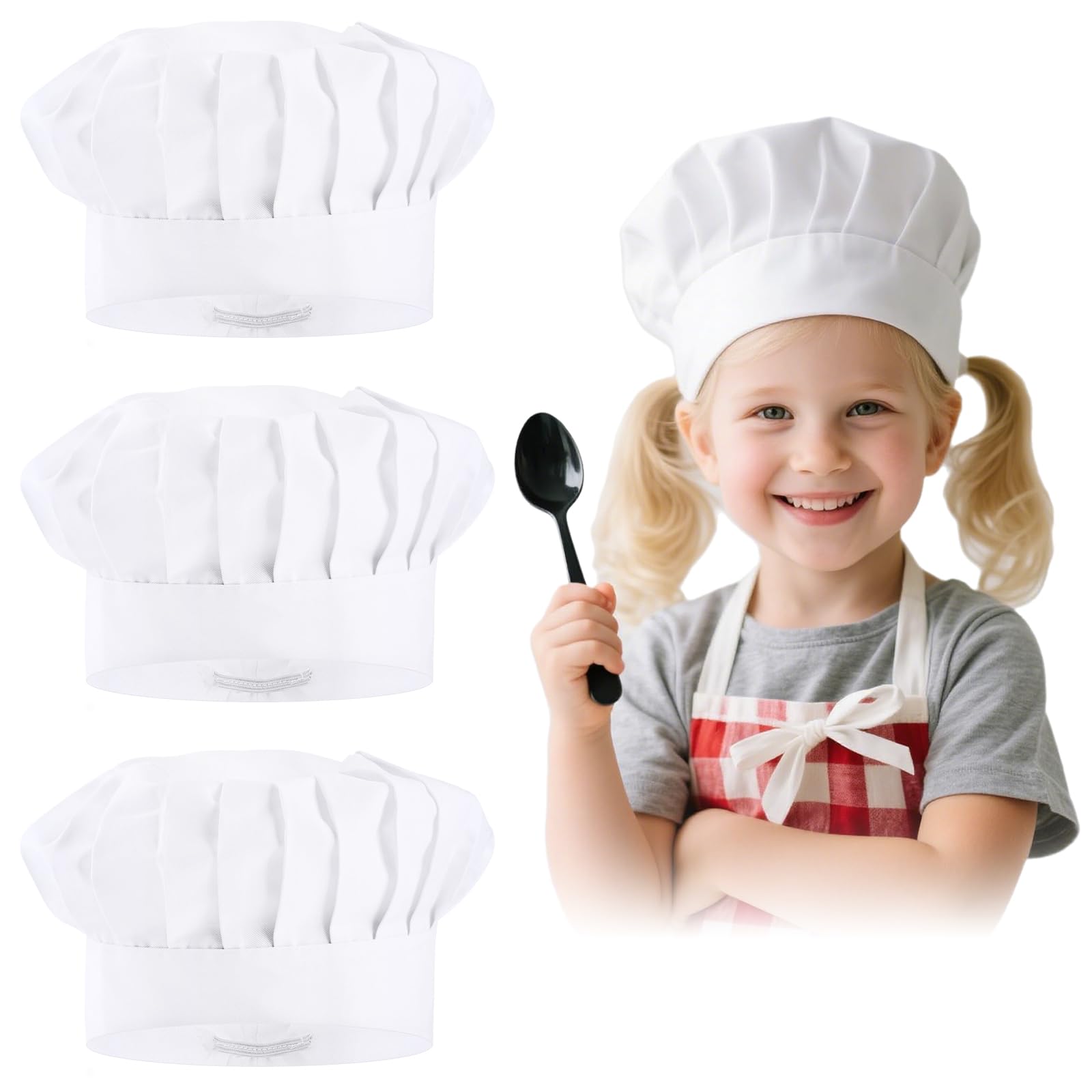 Toques de cuisinier pour enfants, lot de 3, blanches, coton élastique, réglables