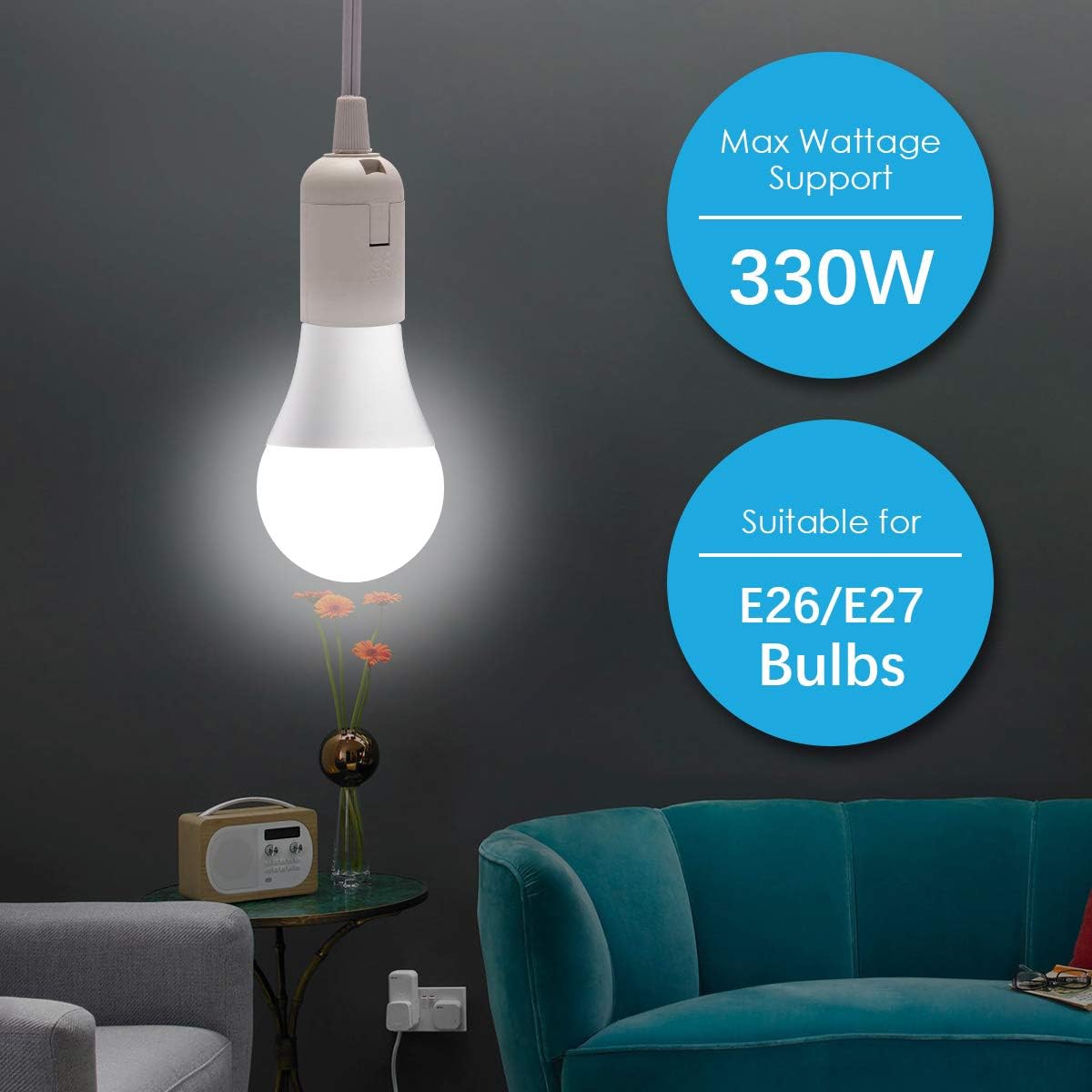 5 Pack HOLDWILL Extension Hanging Lantern Cord Cable 20FT 330W with E26 E27 Socket and On/Off Button for Pendant Lighting,White Power Cord for Chandelier