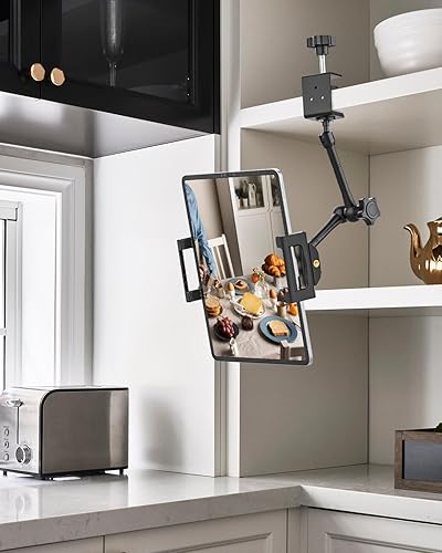 Miniatura 2 de Soporte de tableta para armario de cocina, brazo ajustable de metal, soporte para tablet debajo del mostrador para escritorio y cama con abrazadera