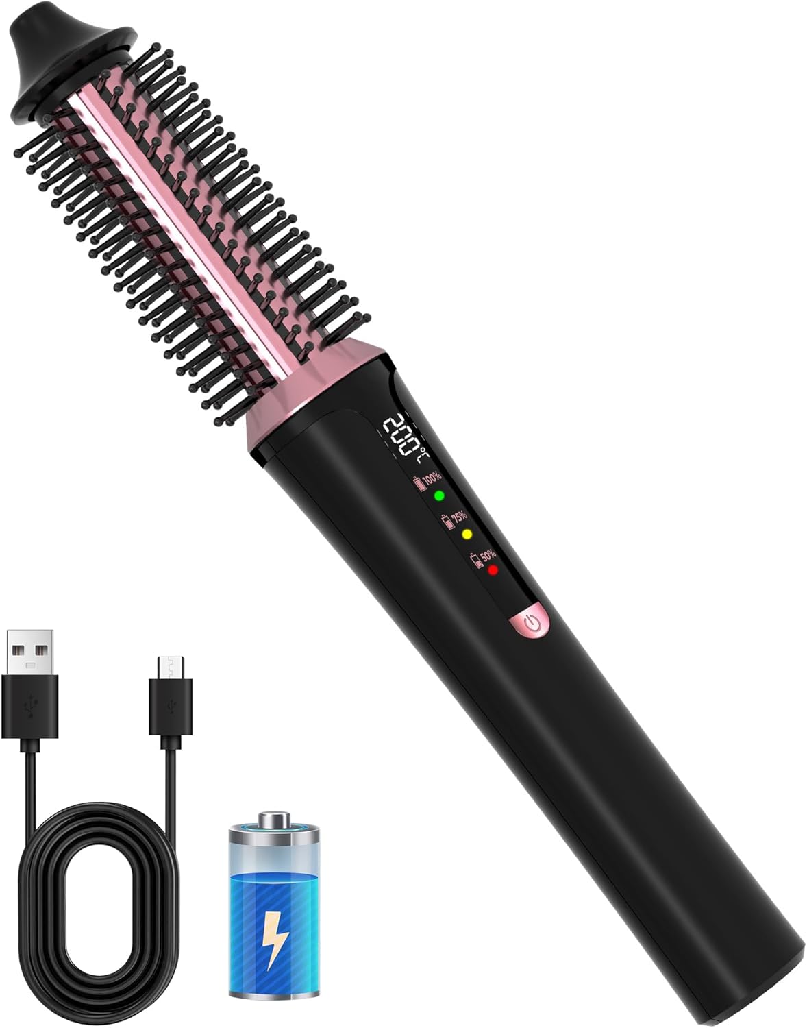 Thermische borstel, draadloos, warmteborstel, thermoborstel, 22 mm, ronde ronde borstel van 160 – 204 °C, compacte krultang, produceert wortelvolume en losse krullen, thermische borstel voor op reis