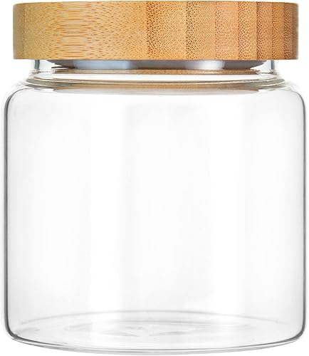MOLADRI 480ML16Oz Clear Cute Glass Storage Canister Holder with Airtight Bamboo Lid, Modern Decorative Small Container Jar for Coffee, Spice, Candy,