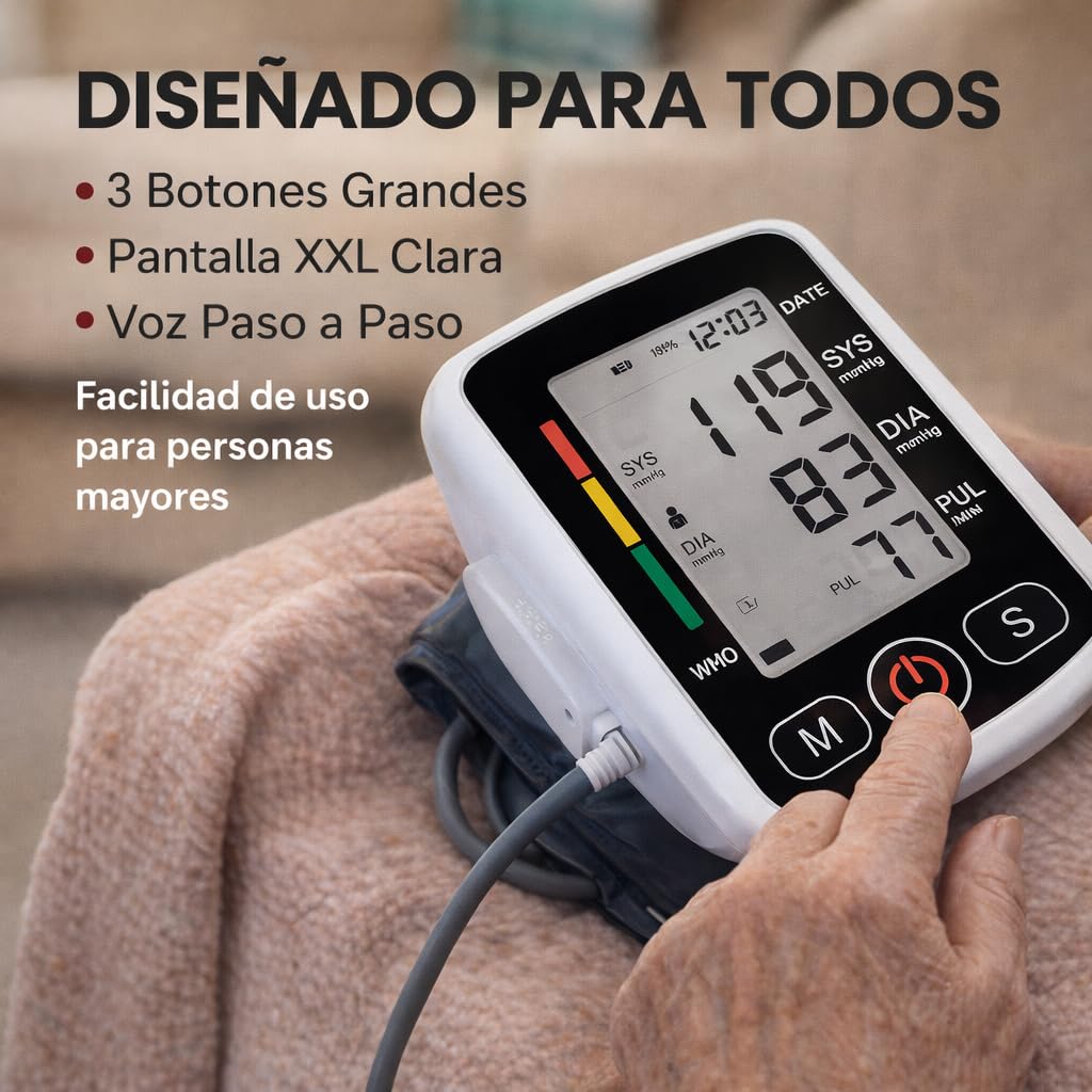 Tensiometro de Brazo | Medidor de Frecuencia Cardiaca y Pulso | Pantalla LCD, Facil de Leer el Resultado | Indicador Por Voz en Español | Memoria de Datos | Brazalete Ajustable 22-36 cms