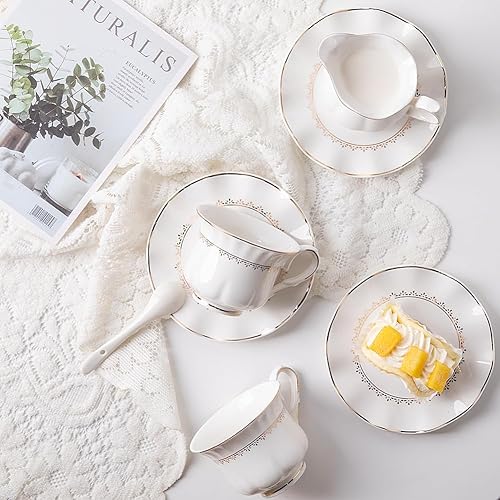 Miniatura 6 de Sweejar Juego de té de porcelana de 21 piezas con ribete dorado, tetera de cerámica y jarra de azúcar y crema, juego de 6 tazas de té y platillo