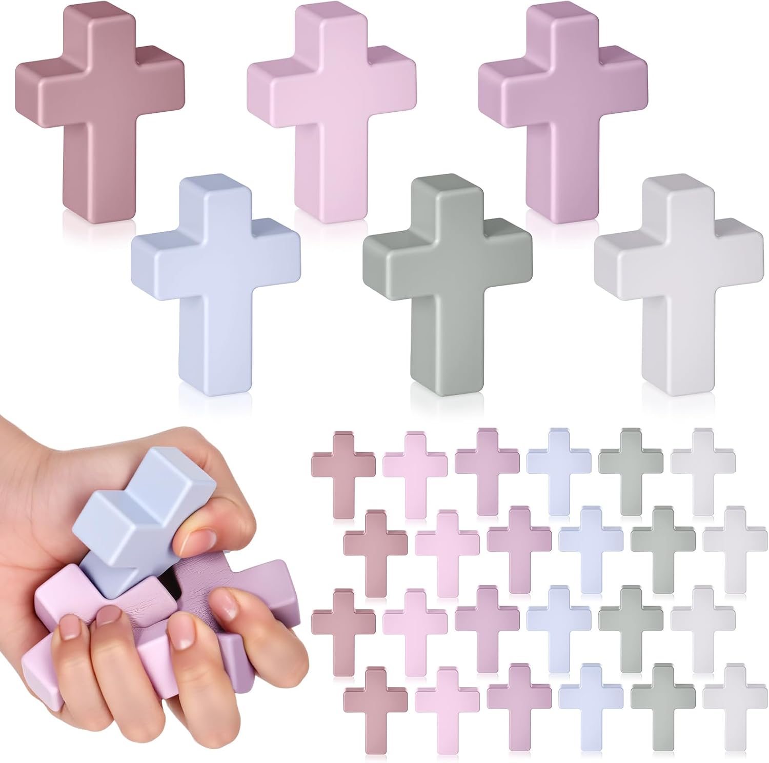 Shappy 24 Pcs Cross Stress Relief Toys Fidget PU Pocket Cross Bulk Stress Gifts for Adults Christian Small Therapy Fidget Relief Toys Easter Religious Baptism Party Favors(Morandi Color,Simple)