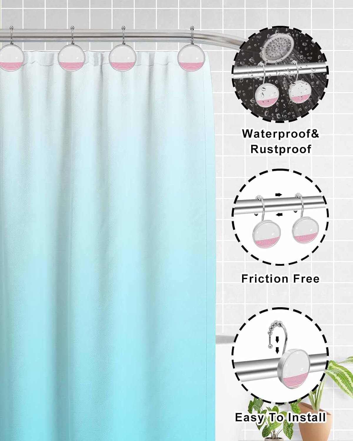 Shower Curtain Hooks Set of 12 Pink Modern Classic Stripe Crystal Glass Shower Curtain Rings for Bathroom Decorative Stainless Steel Rust Proof Roller Shower Curtain Hangers