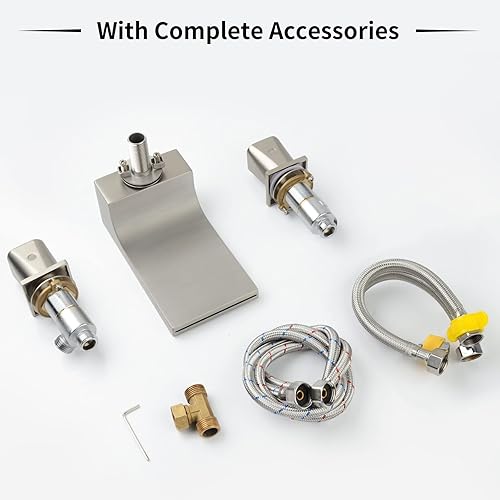 Miniatura 6 de Grifo de bañera romana de cascada para montaje en cubierta, 3 agujeros, 2 asas con grifo de llenado de bañera para alto flujo, níquel cepillado,