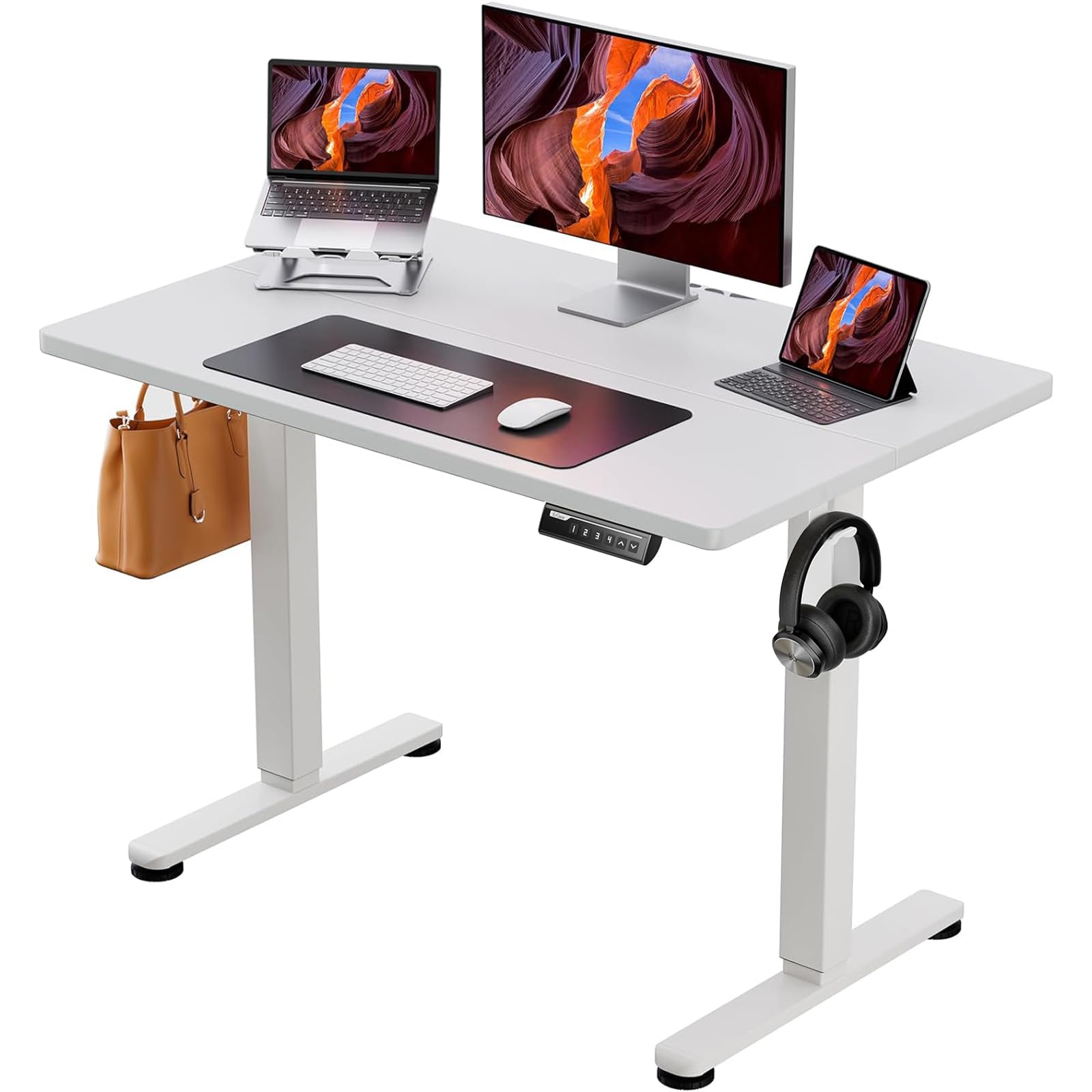 ErGear Escritorio Elevable Eléctrico, Mesa Ajustable en Altura 100x60 cm, Mesa de Oficina con Panel Inteligente de 4 Memorias, Escritorio con Gancho para Mochila y Tablero Ensamblado (Blanco)