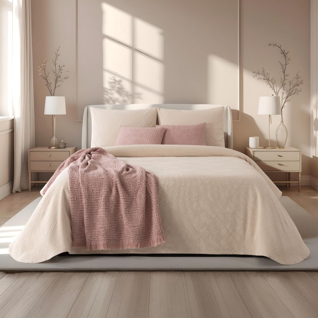 Colcha Beige Donna con Diseño Geométrico - 100% Algodón - Colcha para Cama de 200x200 de 280x270 cm - Estilo Moderno y Confort Diario - Hecha en Portugal
