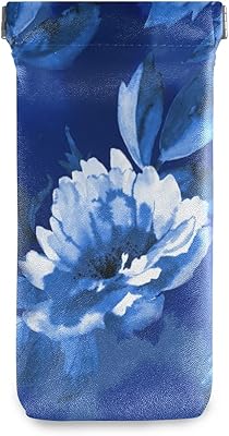 HUSSRITY Eyeglasses Case Modern Blue Peony Sunglasses Pouch Soft PU Leather Squeeze Top Eyeglass Holder Portable Glasses Case For Women Men