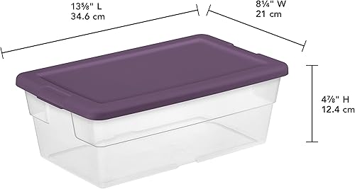 Miniatura 2 de Sterilite Caja de almacenamiento apilable transparente de 6 cuartos de galón con asas y tapa morada para almacenamiento y organización doméstica