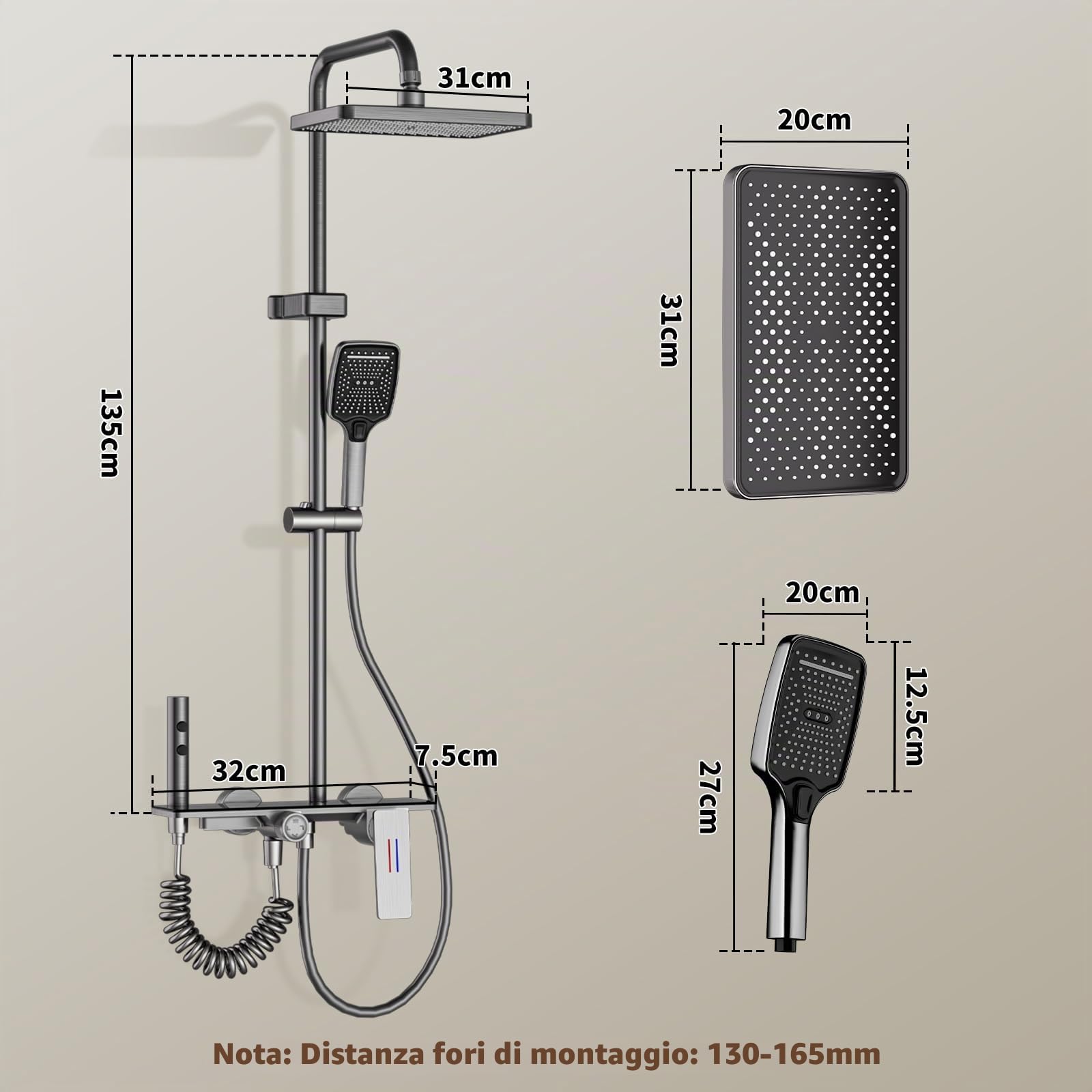 Colonna Doccia con Miscelatore, Kit Doccia Con Soffione e Doccetta, Sistema Doccia Idromassaggio con Pistola a Spruzzo e Rubinetto per Vasca, 130cm Asta Doccia