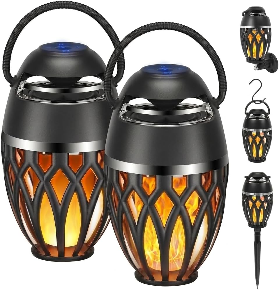 Outdoor Bluetooth Speakers 2 Pack, Dual Sync Wireless Speaker with LED Flame Light, IPX5 Waterproof Patio Pool Yard Portable Speaker for Backyard BBQ Camping Decor Lantern,Gift for Men Women