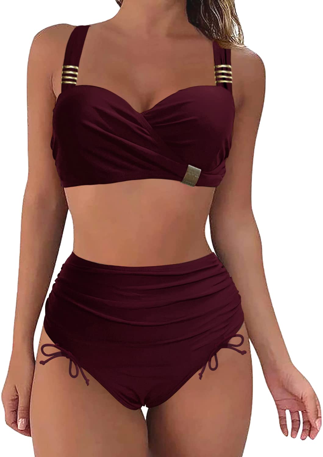 Rayson Conjuntos de Bikini para Mujer Traje de Baño de Mujer Acolchado Bra Tops de Bikini y Ajustable Cordón Cintura Alta Trajes de Pantalones Push Up Swimwear Dos Piezas