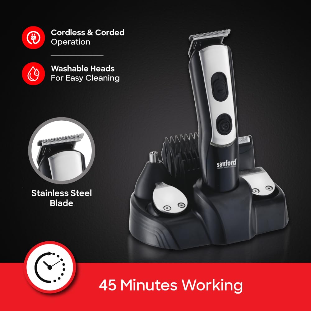 Sanford Grooming Kit with features like cordless operation, washable heads, stainless steel blade, and 45 minutes working time