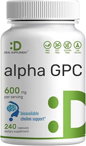 DEAL SUPPLEMENT Alpha GPC 600mg por porción, 240 cápsulas – Reposición de colina biodisponible – Suplementos nootrópicos para la salud cerebral para