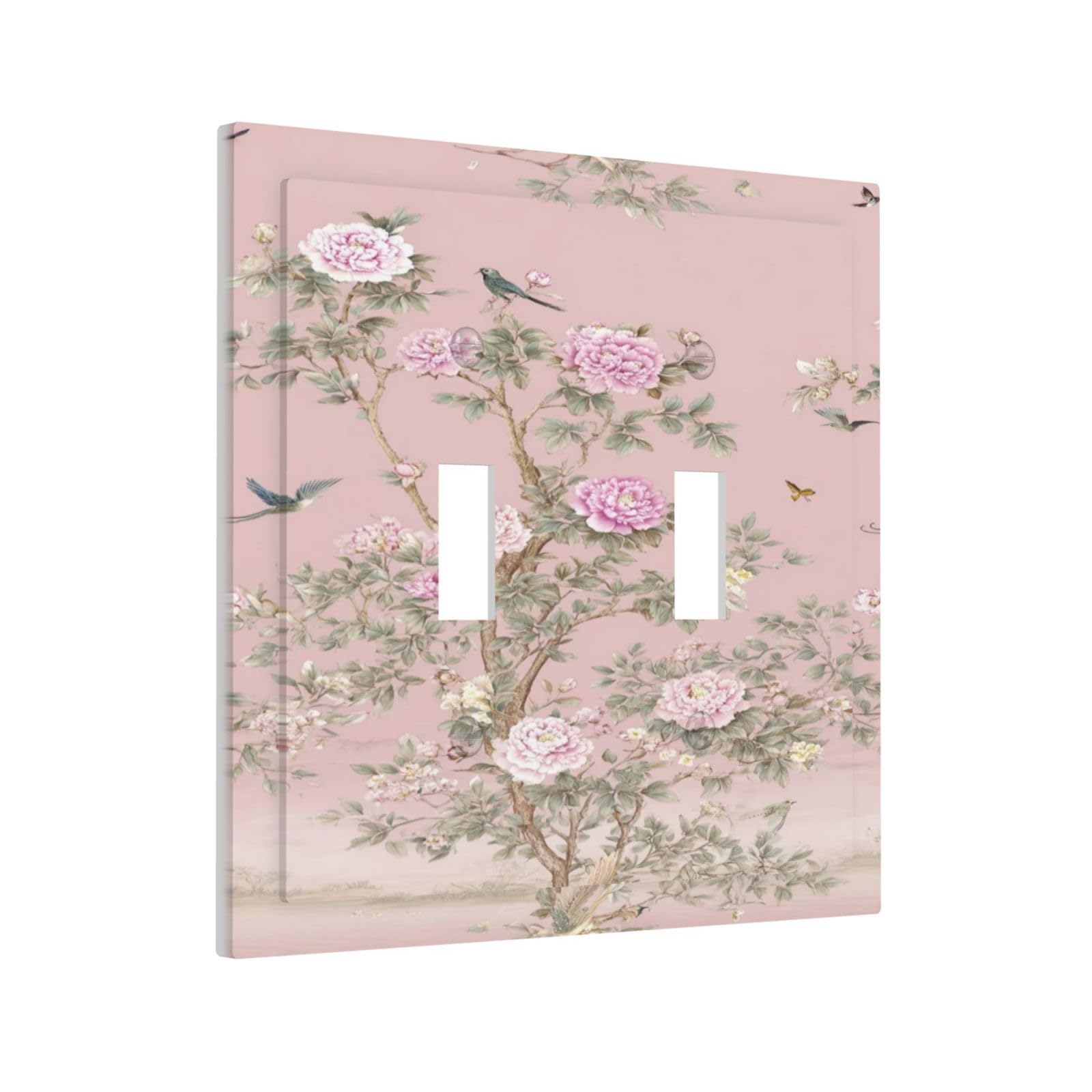 Xuejiaku Decorative Light Switch Cover Plate Pink Peony Tree Bird Butterfly Vintage Botanical 2 Gang Outlet Covers Double Toggle Wall Plates Switch Plate Covers Faceplate for Bedroom Home Decor