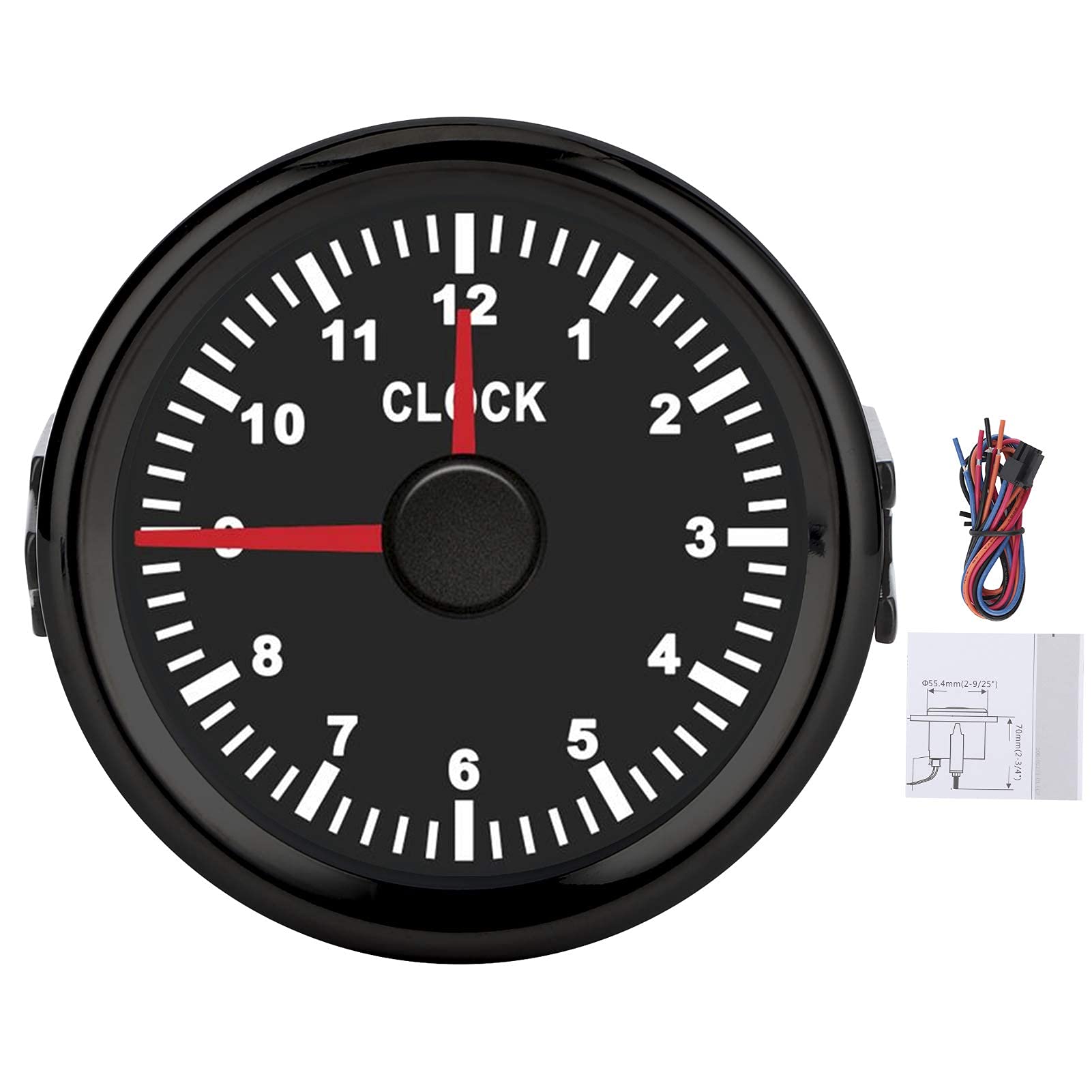 Aramox Universal Dial Clock Meter,2in/52mm Clock Gauge Instrument 0-12 Stundenzähler Rote Hintergrundbeleuchtung 12V/24V für Auto Boot Yacht Motorrad(Schwarzes Zifferblatt Schwarzer Rahmen)