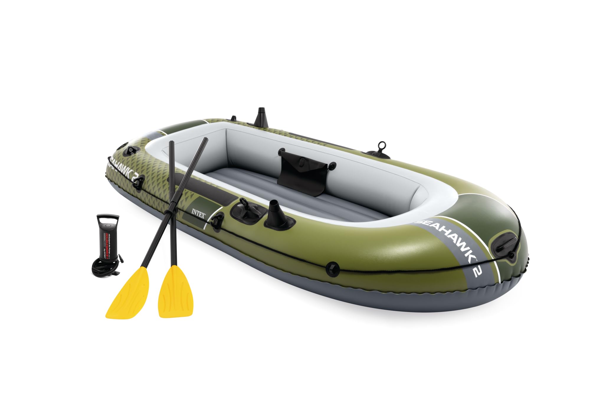 INTEX 66332EP Seahawk 2 Inflatable Boat Set: Includes Deluxe 48in Aluminum Oars and High-Output Pump – SuperStrong PVC – Fishing Rod Holders – 2-Person – 520lb Weight Capacity
