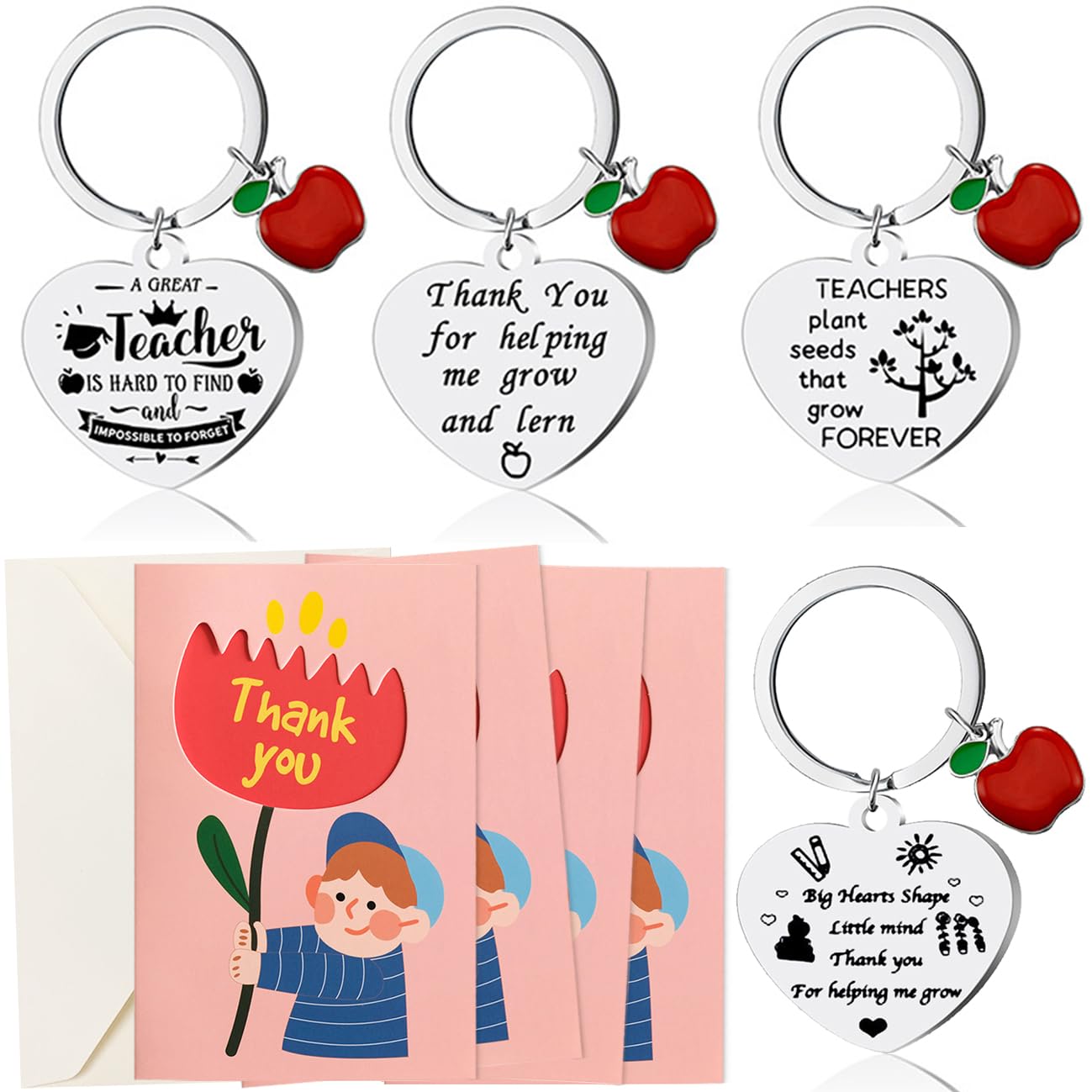 Teacher Gifts, Teacher Keychain and Greeting Cards Gift from Student Teacher Appreciation Gifts, Teachers Day Christmas Back to School Graduation Gift (4 set)