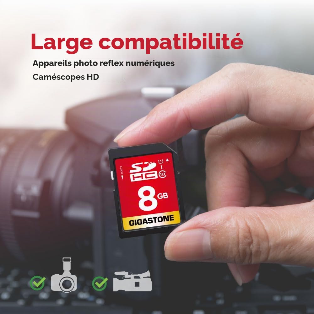 Gigastone 8 Go SDHC Carte Mémoire, Lot de 5 Cartes, Haute Vitesse pour La Réserve des Photos, des Vidéos, du Musique, des fichiers vocaux, Caméscope, Caméra, Enregistreur, PC, Mac, Classe 10