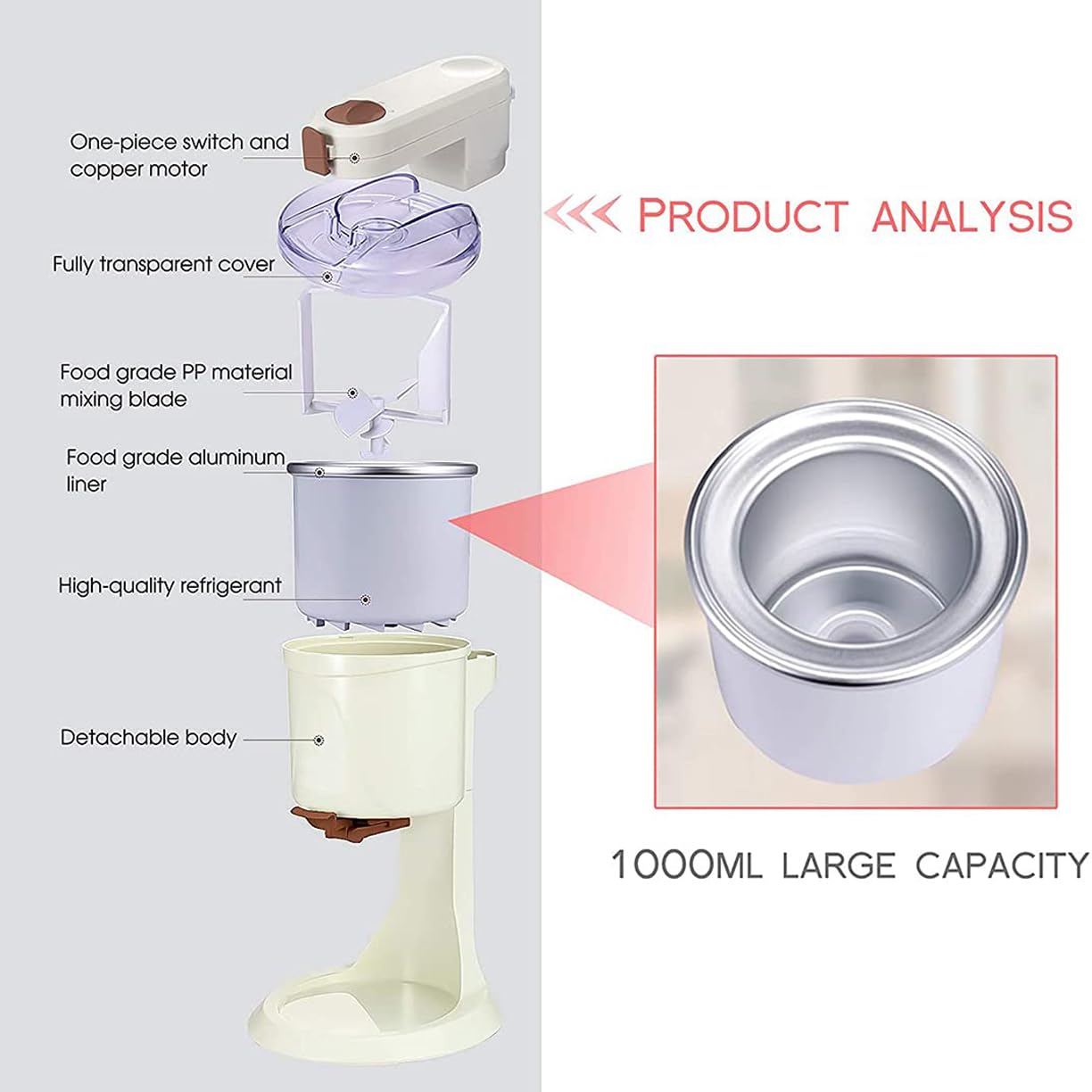 Sorbetière avec compresseur pour crème glacée - capacité de 1 L, Machine Automatique à yogourt glacé et à Sorbet