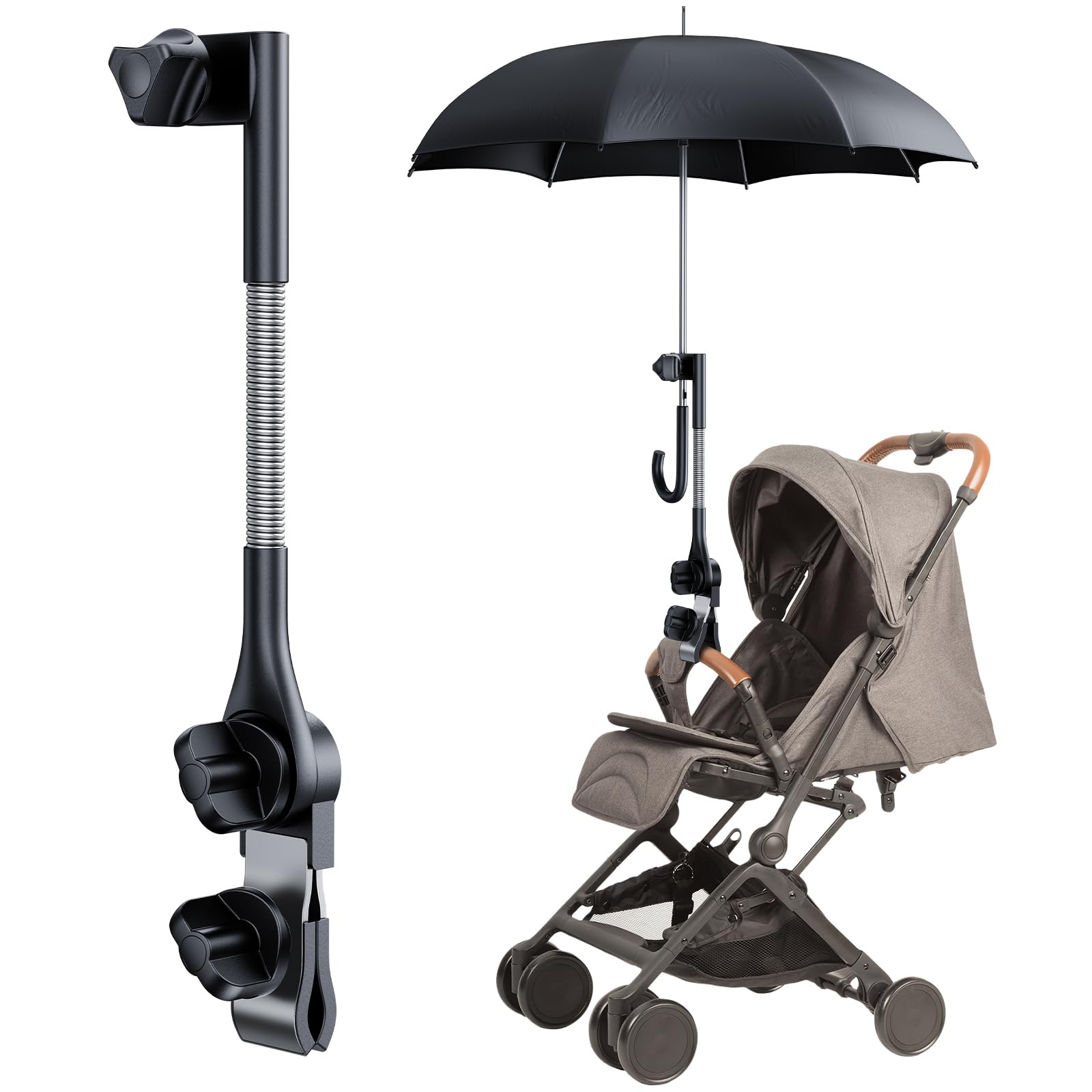 Photo 1 of nediea Umbrella Holder for Stroller, Baby Stroller Umbrella Attachment, Umbrellas Connector Clip to Handlebar, 360° Adjustable Universal Clamp for Wheelchair, Beach Chair,Fishing (Mount)