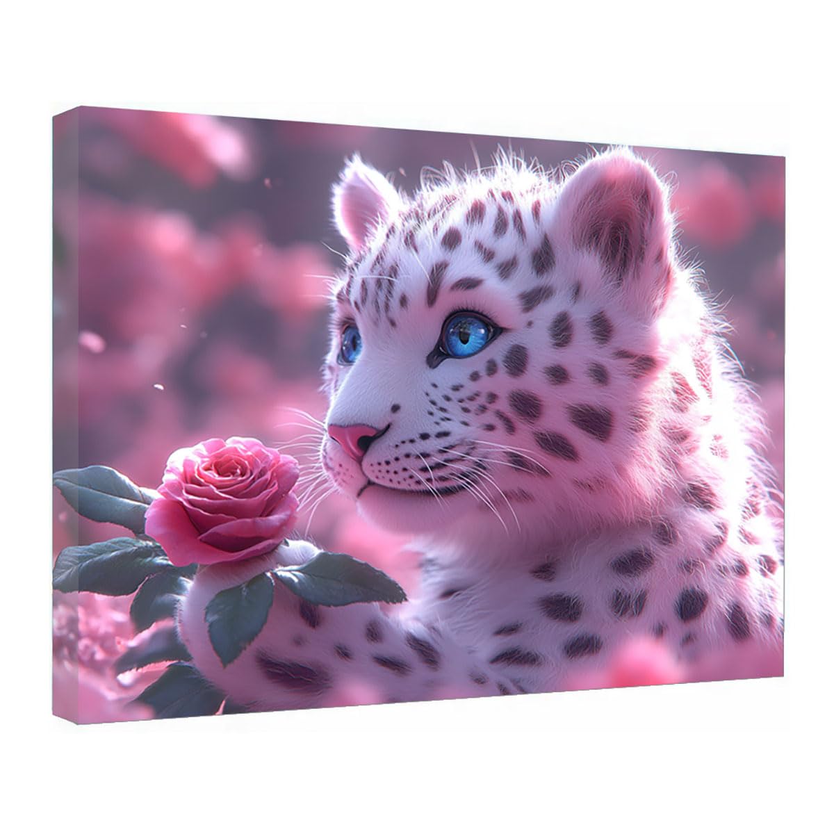 TZKRWRH Leopard Canvas Print Animals Preppy Poster White Leopard With Rose Cheetah Modern Maximalist Boho Wall Art Panther Painting Vintage Canvas Office(Pink 82)-80x120cm Framed