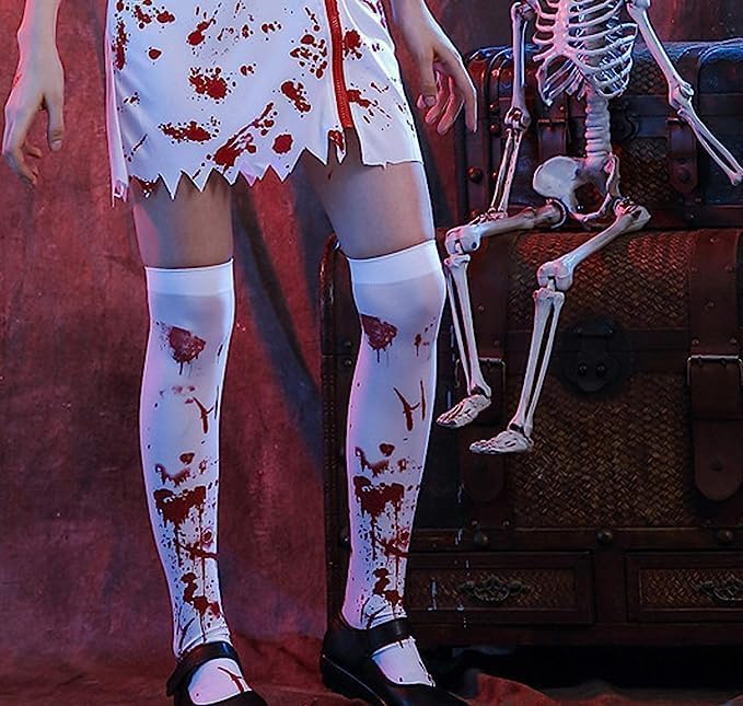 Halloween Knee High Socks Blood Splattered Costume & Dress Up Stockings Zombie Tights Nurse Bloody Costume for Women Girls,White