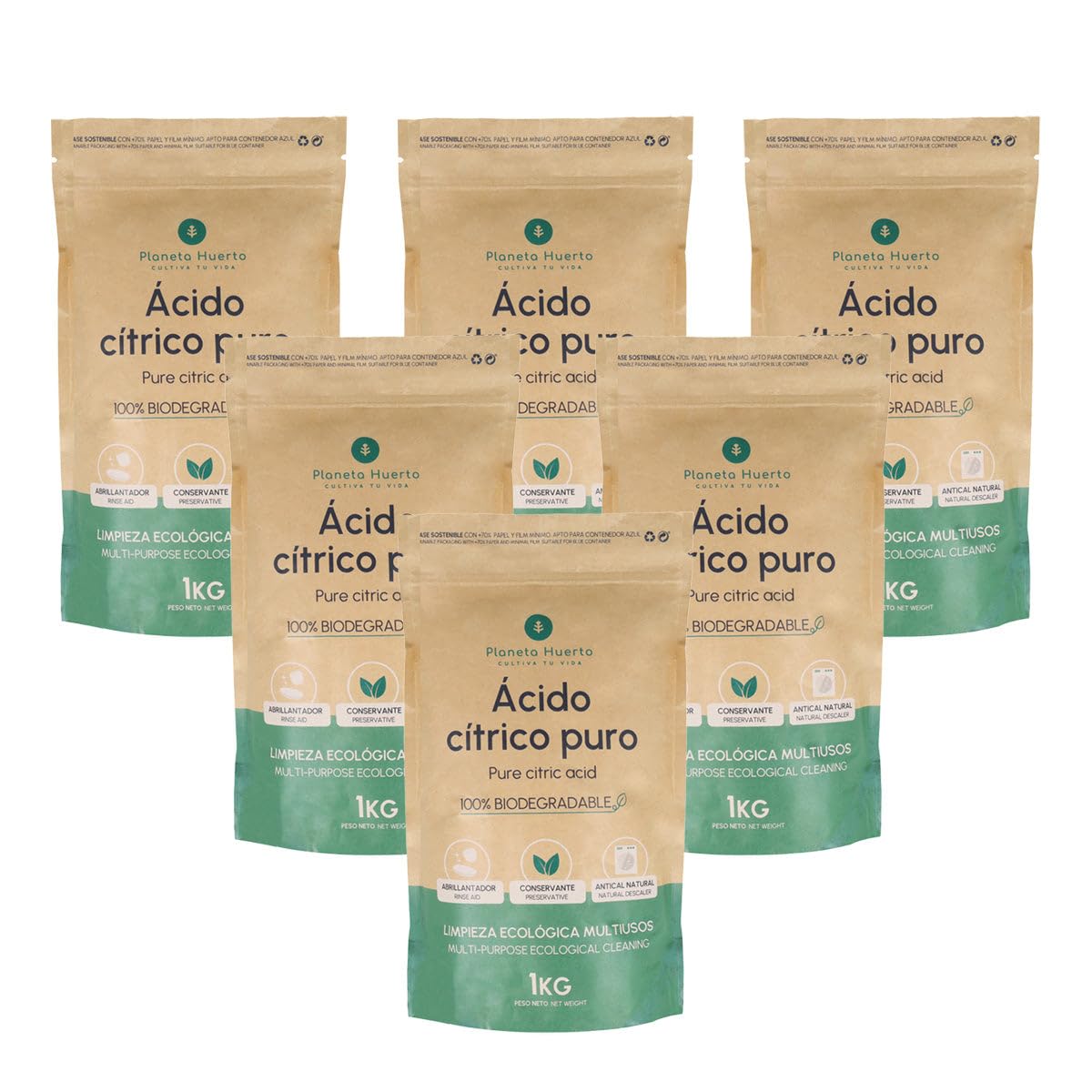 PLANETA HUERTO | Pack 6x Ácido Cítrico Ecológico – Ácido cítrico en polvo multiusos para limpieza ecológica, abrillantador, antical y detergentes caseros