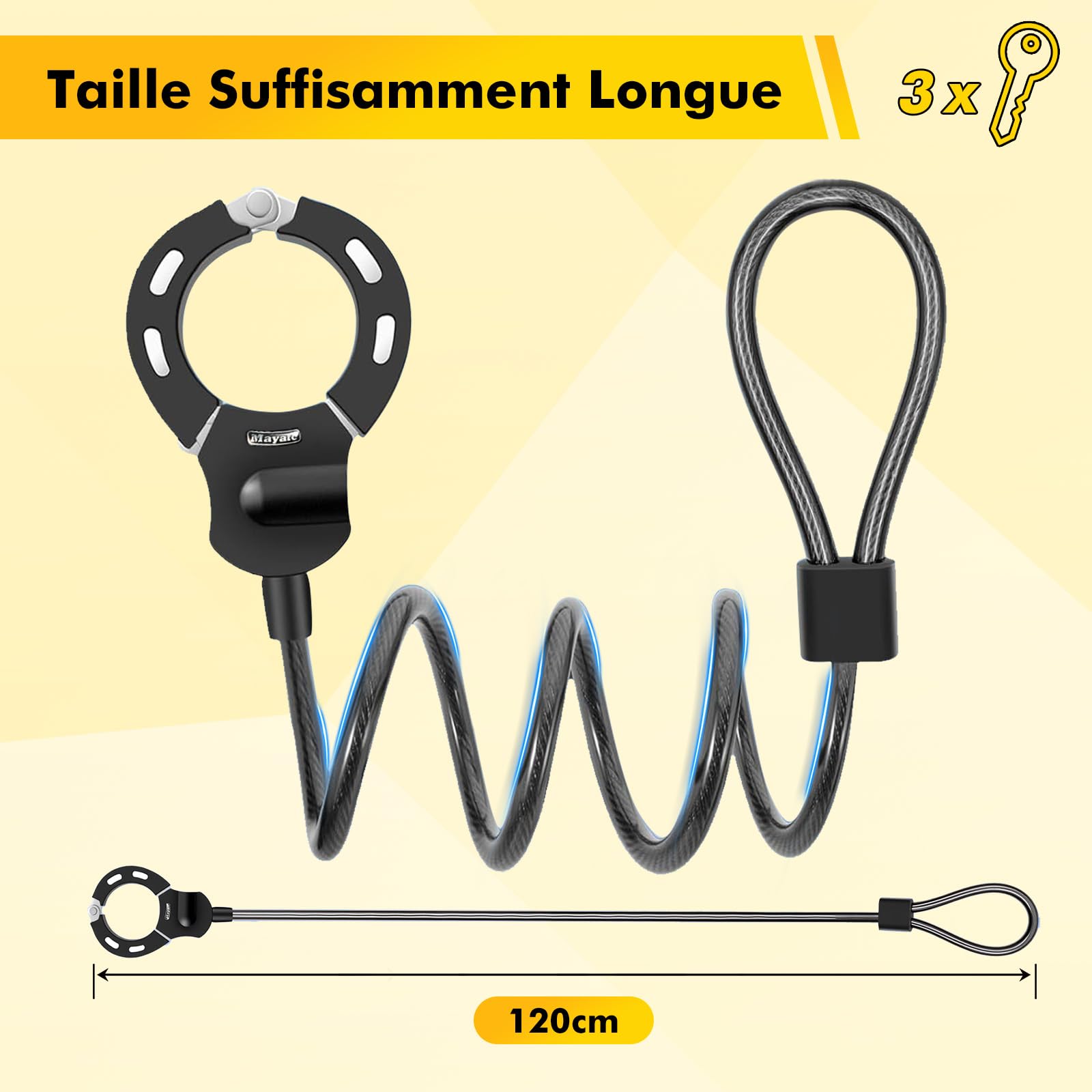 Antivol Trotinette Electrique,iWarmbase 120 CM Antivol Velo, Câble Antivol à Clef avec Menotte, Cadenas Trottinette Électrique pour Trottinette Électrique/Vélo/Moto