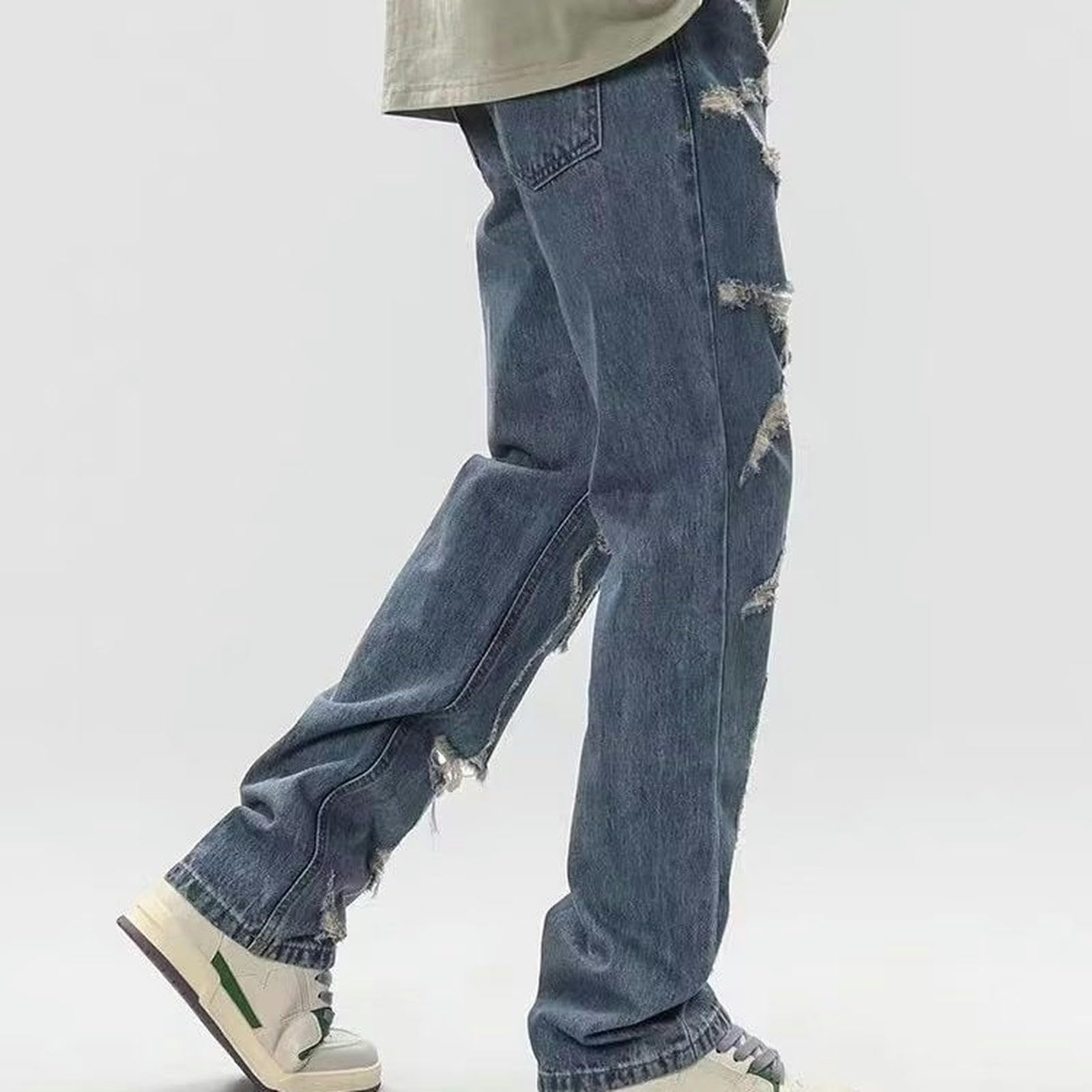 Jeans Casual Larghi e Dritti High Street Washed Damaged - Blu - XXL