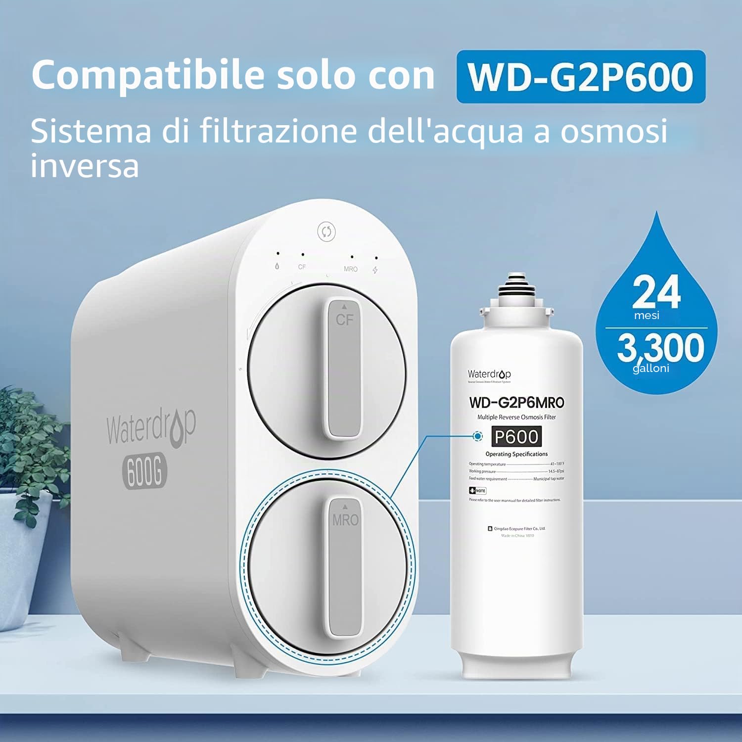 Waterdrop Filtro WD-G2P6MRO, ricambio per sistema di osmosi inversa WD-G2P600-W