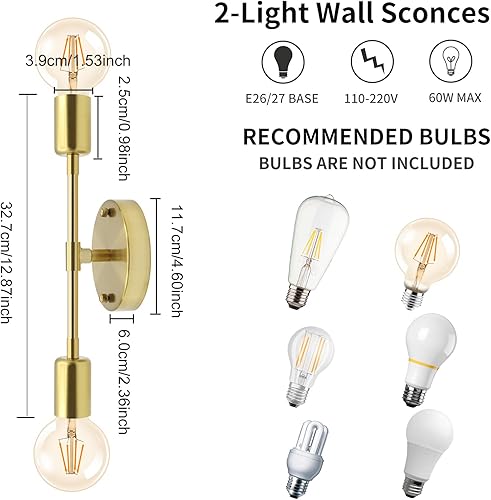 Miniatura 2 de jose2015 2 luces doradas de pared cepilladas, aplique de pared de mediados de siglo, lámpara de techo para pasillo, sala de estar, dormitorio, sobre
