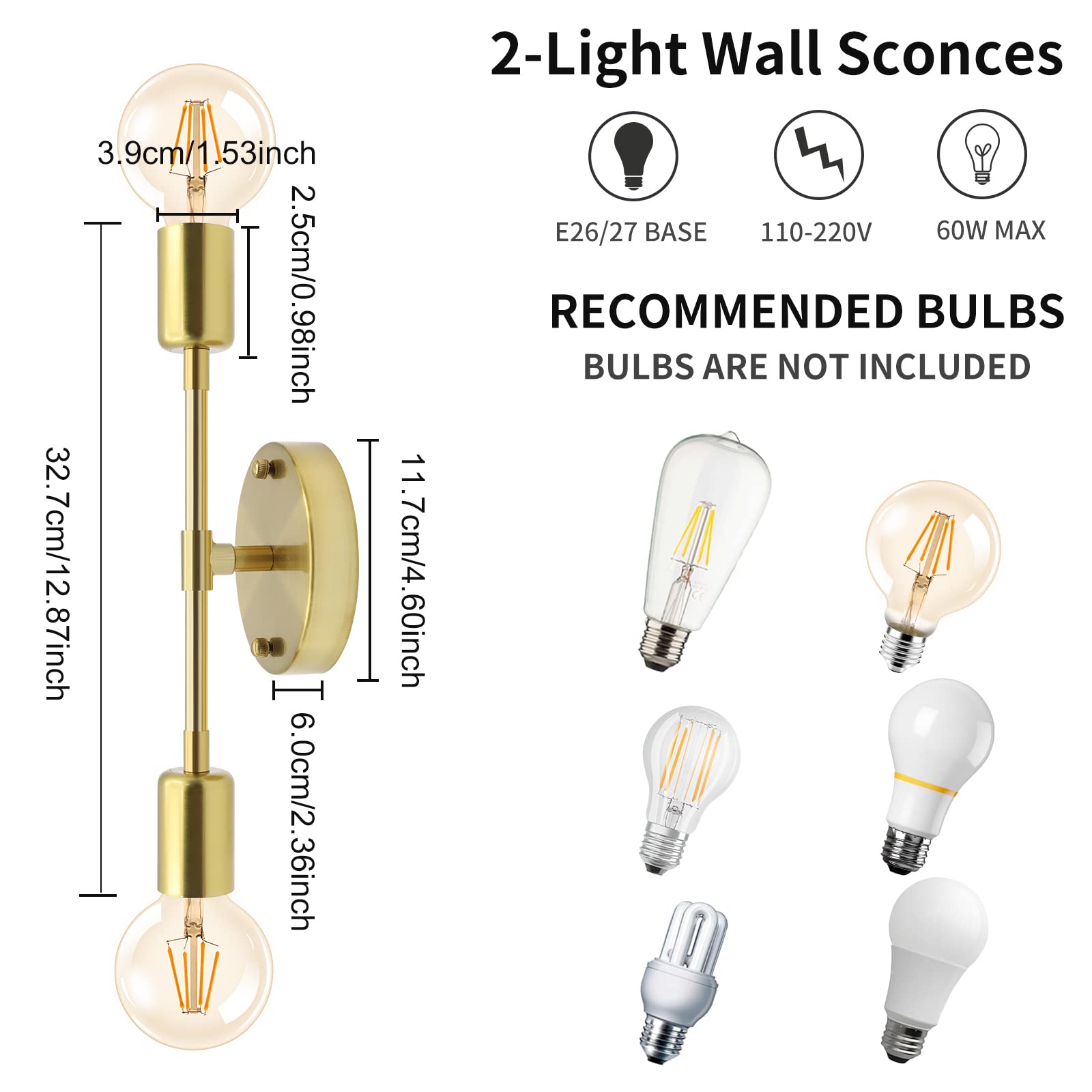 Applique Murale en Métal 2-Lumières Luminaires Intérieure pour Salon Chambre à Coucher Salle de Bains Or