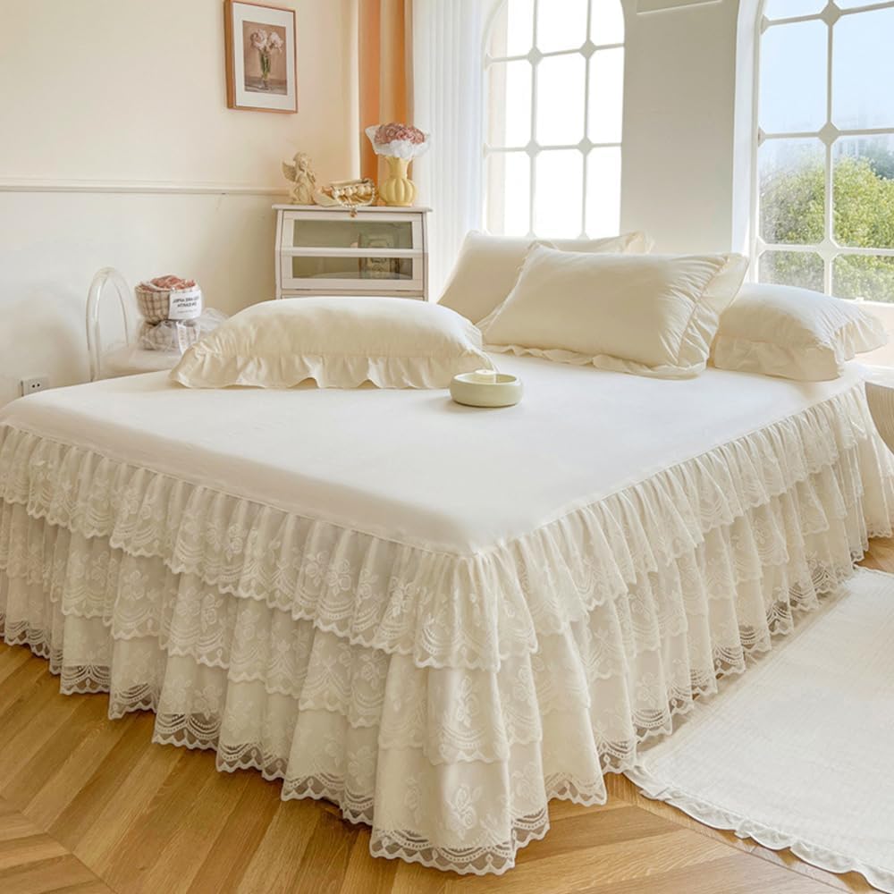 Three Layers Lace Bed Sheet Skirt for Queen Bed - 17in. Drop, Ruffle Bed Skirt Wrap Around Bed Skirt, Anti Wrinkle