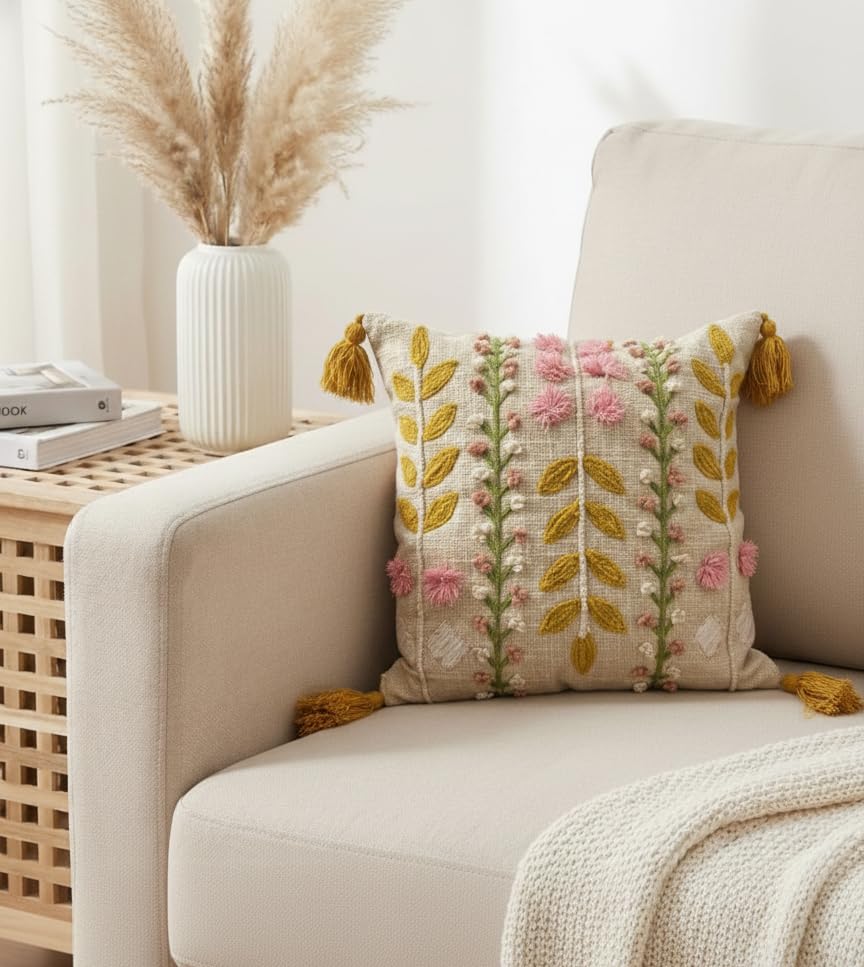Best Decorative Cushion Covers: Cotton vs Velvet 46 Furnistitchs Premium Boho Embroidered Cushion Cover 16x16 Inches ...