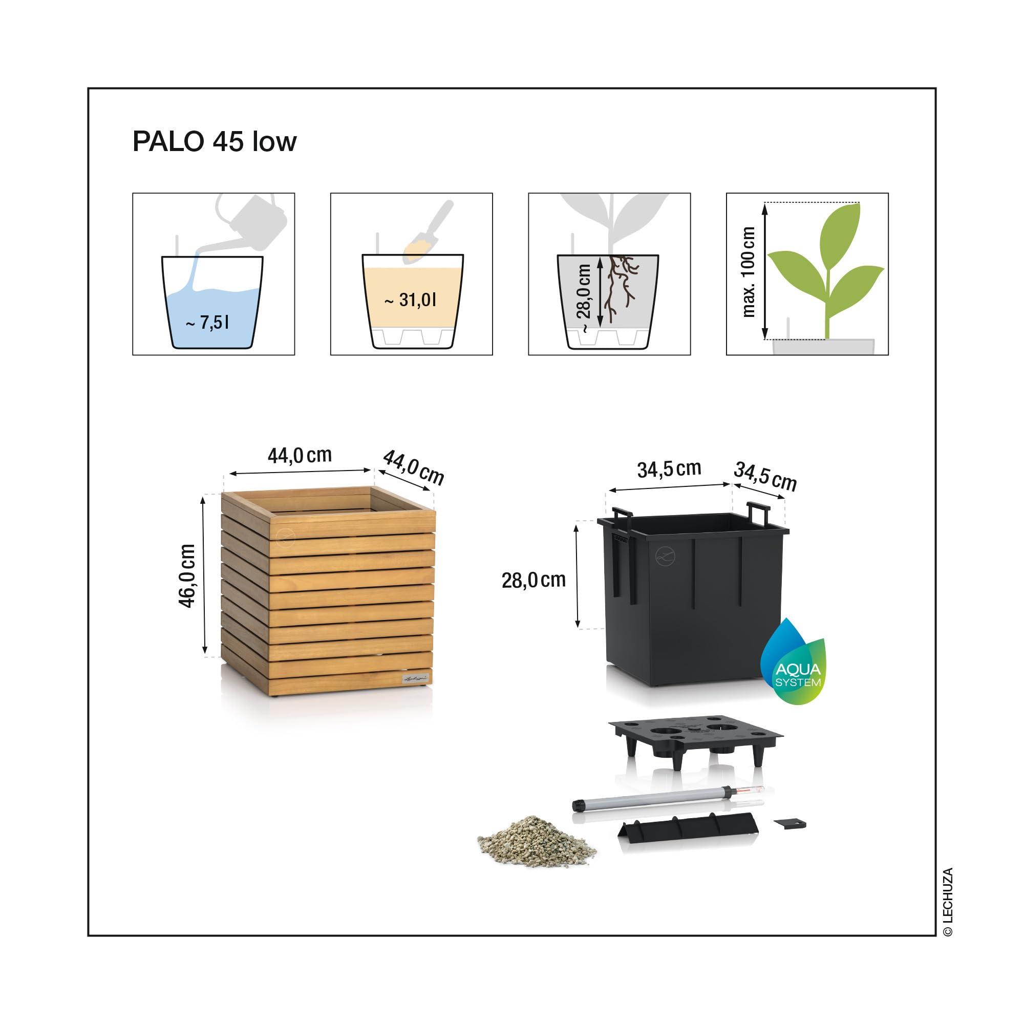Lechuza PALO Natural Wood 45 Low Pot de Fleurs en Bois d'eucalyptus avec système d'irrigation, indicateur de Niveau d'eau et bac à Plantes, Surface en Bois véritable, 44 x 44 x 46 cm, 16772