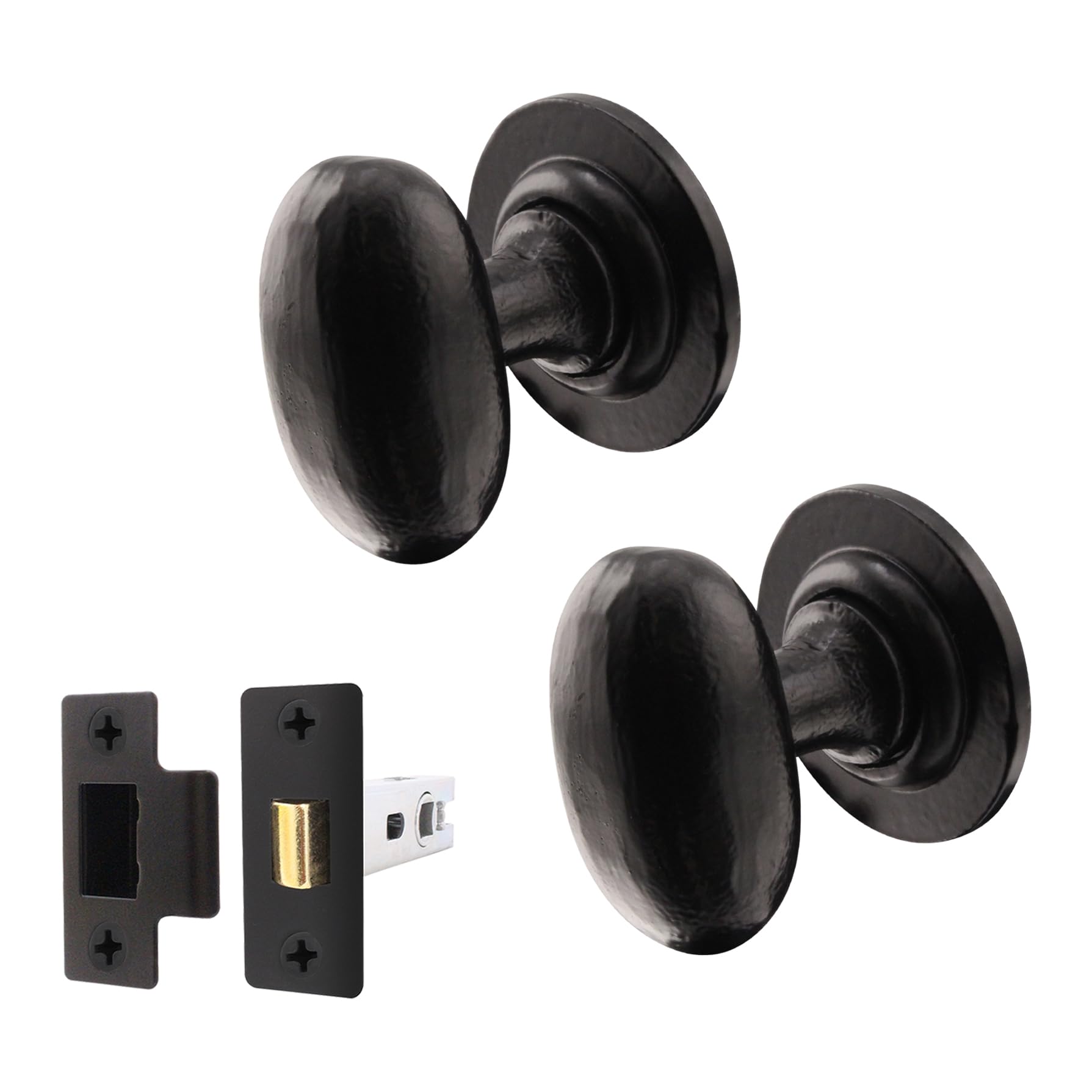 EAI Black Iron Door Knob Set - 1 Pair of Cast Iron Antique Oval Mortice Knobs & Latch (76mm)