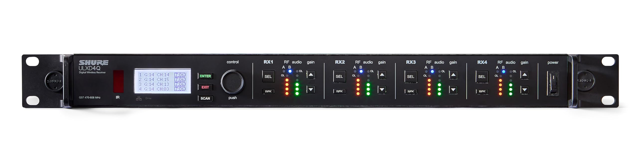 Shure ULXD4Q Quad Channel Digital Wireless Receiver – for ULX-D Wireless Systems, Dante Enabled, Transmitters Sold Separately | G57 Band (ULXD4Q=-G57)