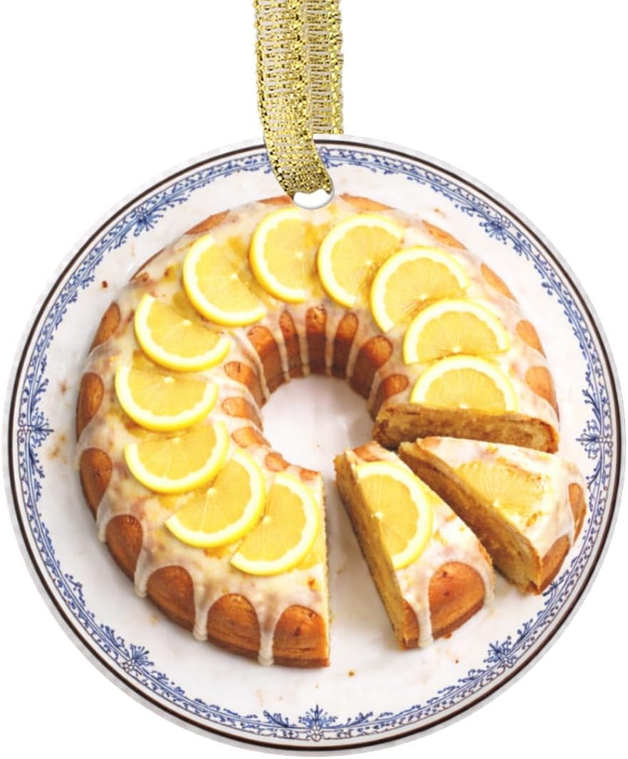Classic Lemon Bundt Cake Lemon Syrup Glaze Citrus Bakery Dessert Cake Personalized Food Flat Printed Image on Ceramic Ornament – NOT 3D, Custom Text Back, Christmas Ornament
