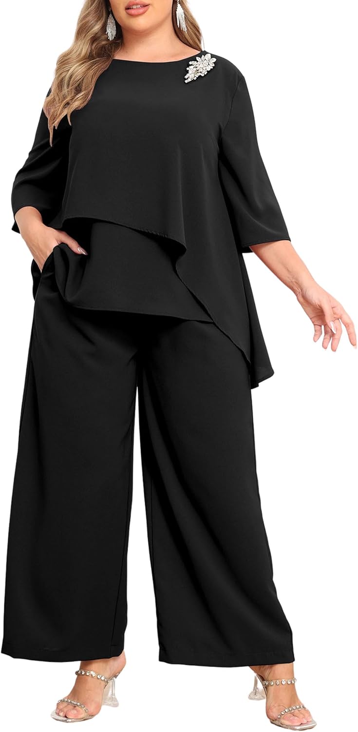 AOVDE Plus Size Pant Suits Mother of Bride Dressy Pant Suits 2 Piece Outfits with Pockets for Women Wedding Guest